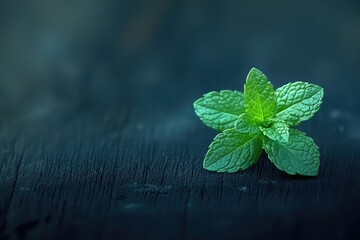 A single piece of fresh mint, isolated against a dark background to highlight its vibrant green color