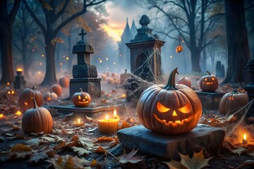 A spooky halloween graveyard scene at night features glowing carved pumpkins and candles among tombstones and bare trees