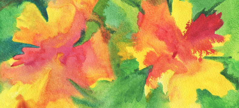 Ink watercolor hand drawn flow brush strokes smear blot flower on wet paper grain texture paper canvas background.