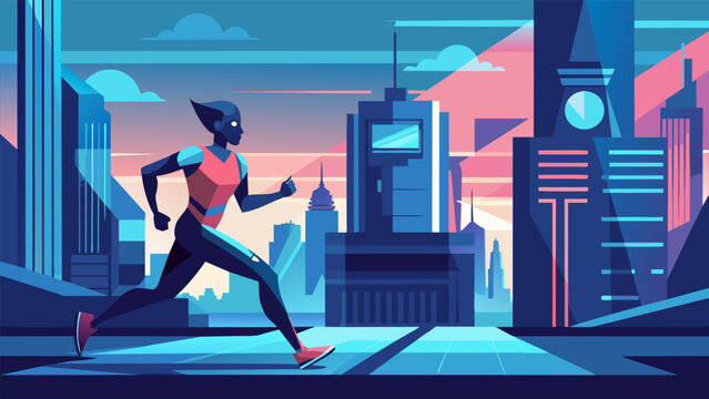 A futuristic jogger dashes through neonlit streets and towering skyscrs immersed in the urban landscape of a virtual metropolis.. Vector illustration