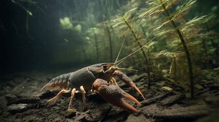 Stunning underwater view of a crayfish in its natural habitat, captivating nature scene