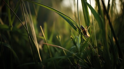 A stunning grasshopper perched on vibrant green blades of grass in golden hour sunlight