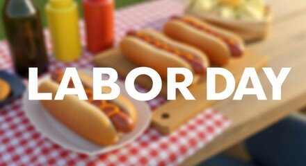 Labor Day Celebration Image Hot Dogs, Mustard, Ketchup, and Festive Picnic on a Red-and-White Checkered Table