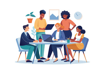 Diverse team of five professionals collaborating around a table with laptops and a plant illustrating teamwork and modern office dynamics