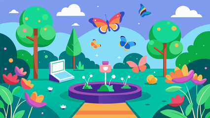 A garden filled with interactive elements such as virtual butterflies and birds designed to engage and entertain while promoting relaxation.. Vector illustration