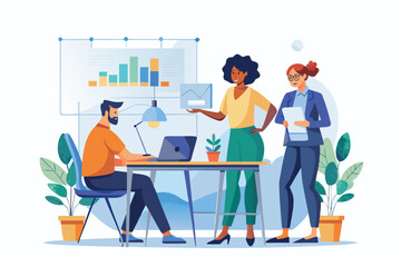 Diverse team collaborates on data analysis and project planning in a modern office setting with charts and graphs