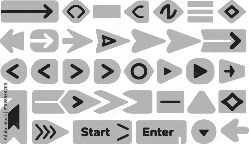 Poster collection of gray arrows and directional symbols isolated on transparent background