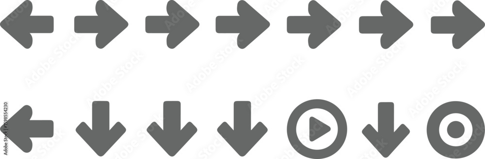 Poster collection of gray arrows and play button icons isolated on transparent background