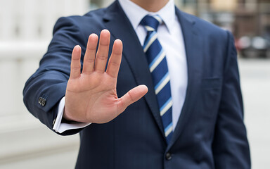 Stop gesture business man hand in suit showing denial or rejection concept