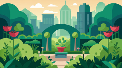 A hidden garden tucked away in the heart of a bustling city offering a peaceful retreat from the chaos of urban life.. Vector illustration