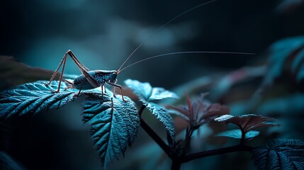 Stunning macro shot of a vibrant grasshopper perched on lush green leaves in the forest