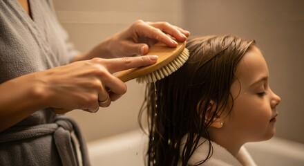Morning haircare scene: parent brushing daughter's wet hair in a bathroom. Represents family wellness, bath time routine, childcare, parenting, love, hygiene, and haircare.