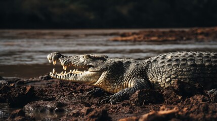 Menacing crocodile with open mouth showing teeth in natural habitat ready to strike