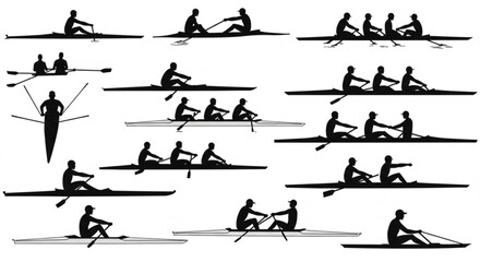 rowing silhouette collection set. water sport, race, transport, teamwork concept. different action, pose. monochrome vector illustration.	