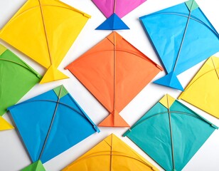 Colorful kites arranged on white background
