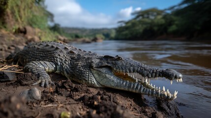 Dangerous crocodile with open mouth basking near riverbank, wildlife nature landscape