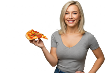 Smiling woman holding a slice of pizza isolated on transparent background
