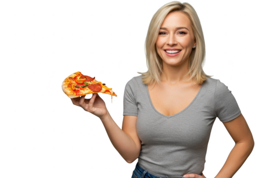 Smiling woman holding a slice of pizza isolated on transparent background