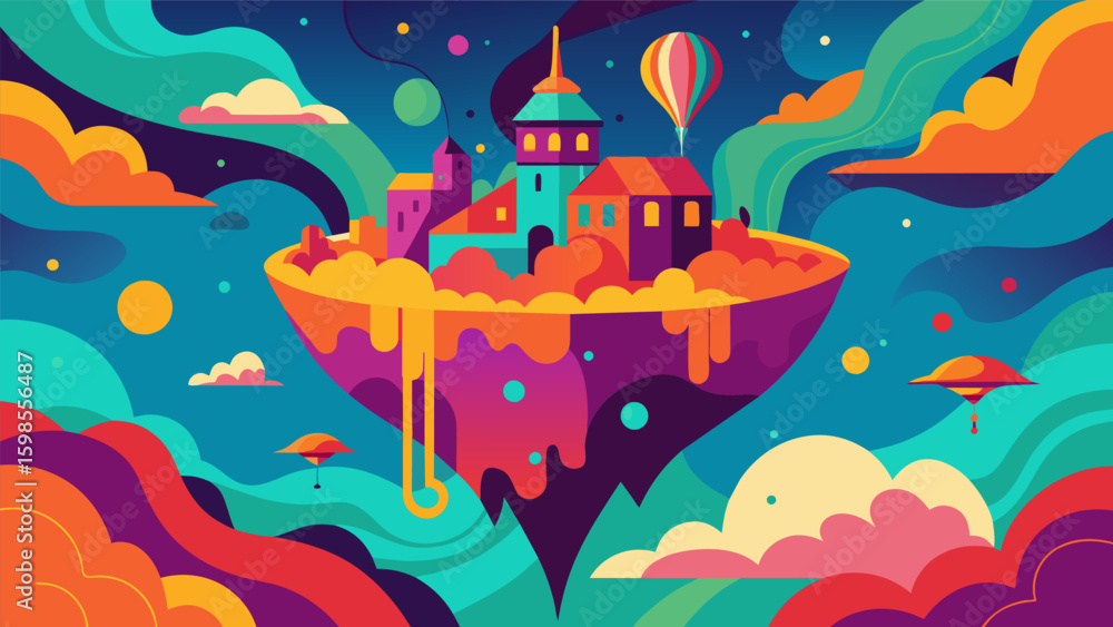 Poster a floating city suspended in a sea of swirling colors and patterns representing the tumultuous natur