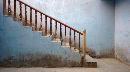 A rustic staircase with blue walls and a wooden railing, creating a calm and inviting atmosphere.