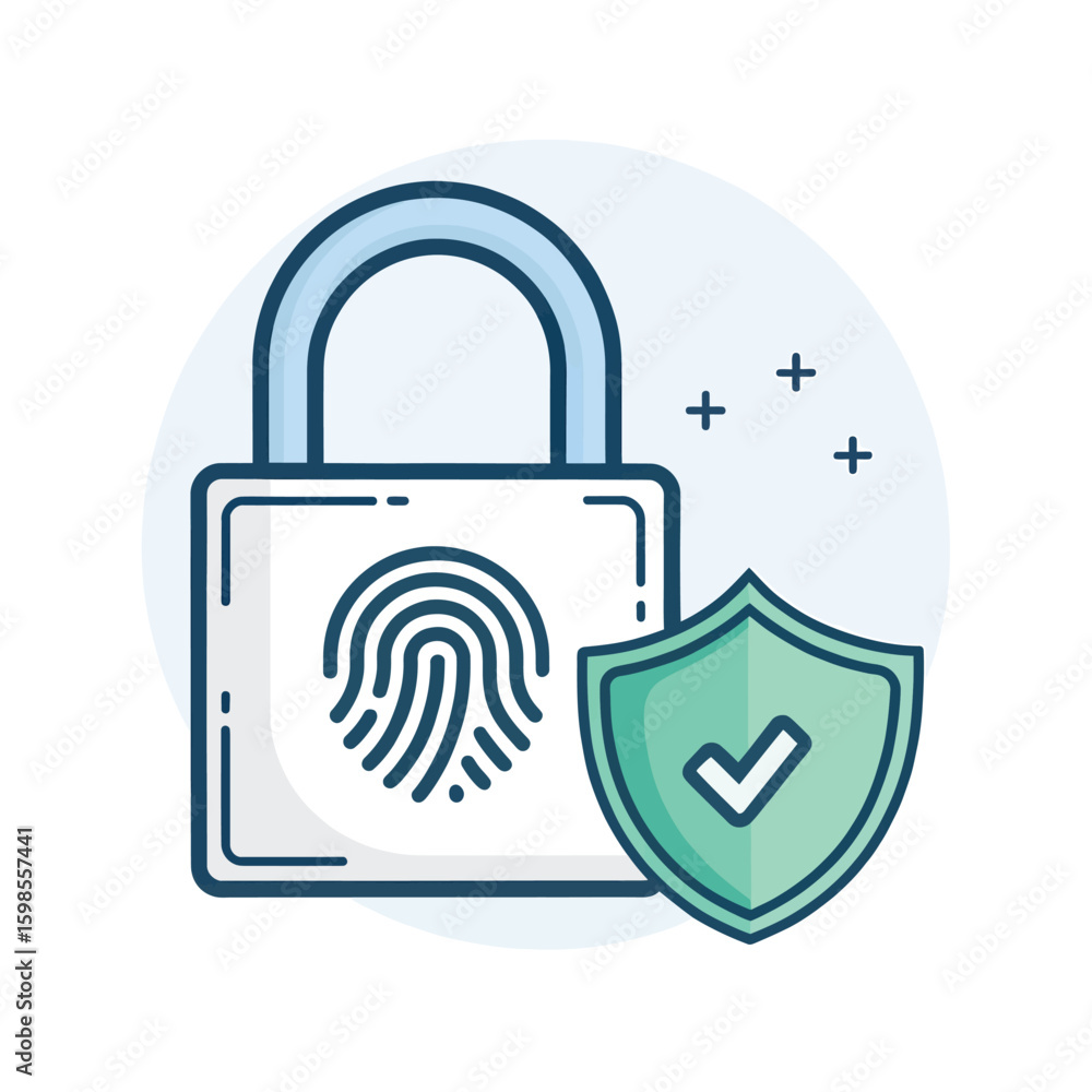 Poster digital padlock with fingerprint and shield icon security