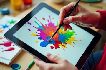 Artist's Colorful Paint-Splattered Hands Creating a Digital Masterpiece on a Tablet Canvas