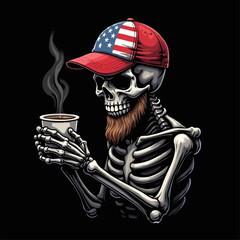 Vector t-shirt design with human skull
with usa flag baseball cap and
cup of coffee on black background.
Fashionable american print for fabric, paper, men clothing,
hoodie, jacket. T shirt template.