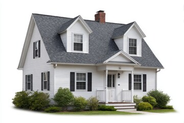 Charming traditional american two story house with dormer windows and landscaping isolated on white background