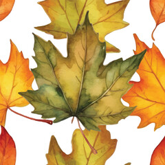 Seamless Watercolor Autumn Leaves Pattern.