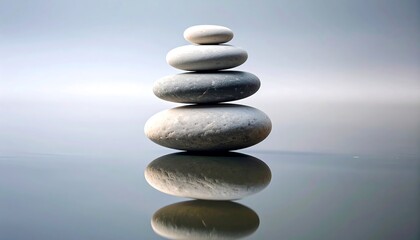Stacked stones, reflecting on water, serene scene