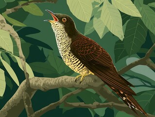 Vibrant illustration of a singing bird perched on a branch amidst lush green foliage