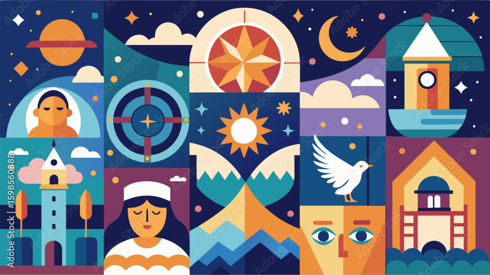 Poster a mosaic mural featuring various dream symbols and scenes inviting the viewer to interpret their own