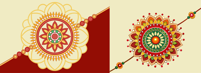 Twin Decorative Rakhi Banner with Detailed Mandala Floral Patterns in Traditional Indian Style, Vibrant Vector Design for Raksha Bandhan Festival Celebration Use