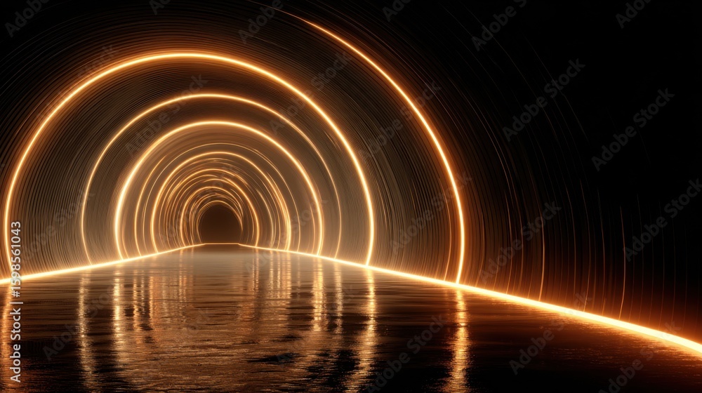 Poster a mesmerizing tunnel features glowing arches that create a surreal atmosphere. the warm light reflec