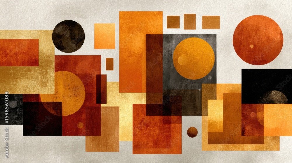 Poster a vibrant arrangement of geometric shapes in warm colors, including circles and rectangles, creates 