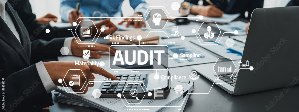 Aufkleber a professional team conducting an audit in a modern office environment, utilizing technology for dat