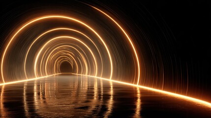 Obraz premium A mesmerizing tunnel features glowing arches that create a surreal atmosphere. The warm light reflects on the water surface, enhancing the immersive experience in a dark setting.