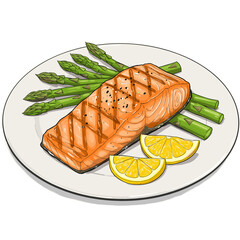 Grilled salmon fillet with asparagus and lemon slices on plate  