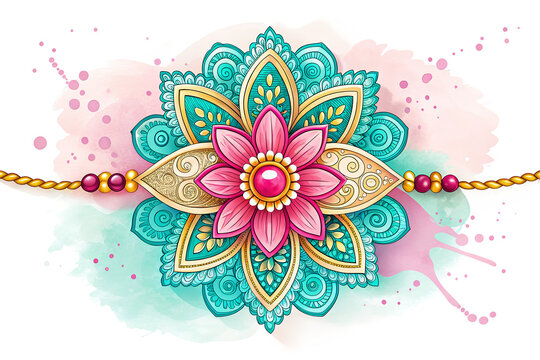 Elegant Raksha Bandhan Rakhi in Pink and Blue Colors, Floral Mandala Thread Design with Watercolor Effect, Beautiful Traditional Art Background - Powered by Adobe