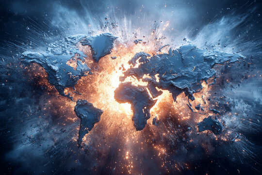 A world map is exploding in a fiery explosion