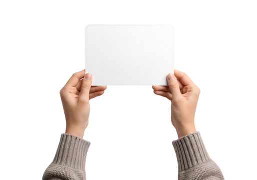 Female hands in a sweater holding a blank white horizontal card or sign for mockup. Isolated on transparent background, png
