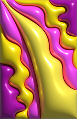 Illustration with glossy, wavy shapes in bright yellow and fuchsia pink. The image creates a dynamic and modern composition, 3D rendering illustration