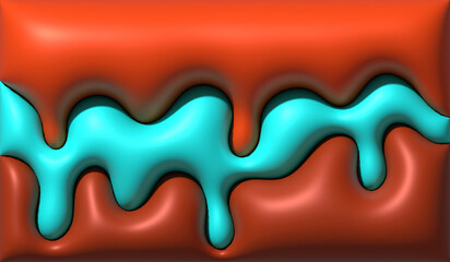 Abstract illustration with wavy shapes in light blue flowing down a rich orange surface, glossy texture and volumetric appearance. 3D rendering illustration
