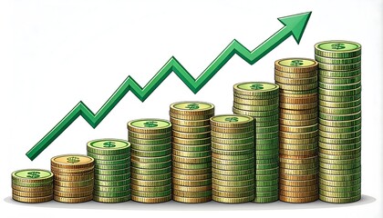 Stacks of coins with a rising green arrow, financial growth
