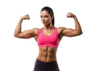 Muscular woman flexing biceps isolated on transparent background