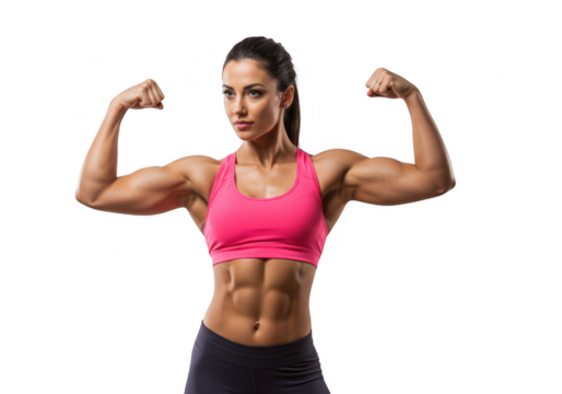Muscular woman flexing biceps isolated on transparent background