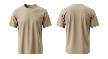 Blank tan t-shirt mockup for apparel design, showing front and back views. Isolated on transparent background, png