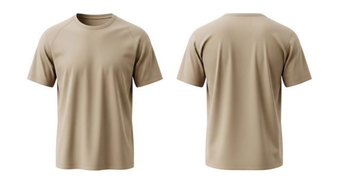 Blank tan t-shirt mockup for apparel design, showing front and back views. Isolated on transparent background, png