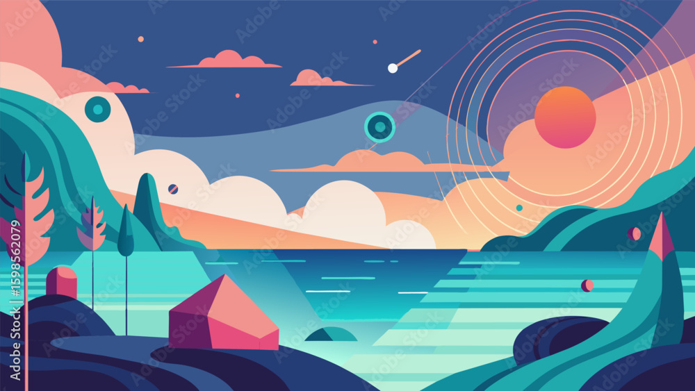 Poster a digital animation of abstract shapes and lines dancing to the gentle hum of a calm ocean soundscap
