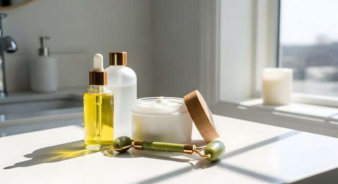 Minimalist morning skincare routine with natural products on white counter